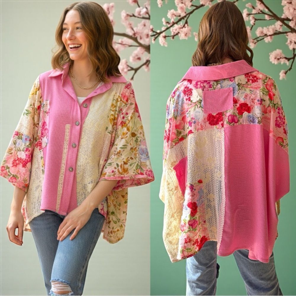 POL Pink Oversize Top Crochet Boho Lace Patchwork Contrast Size MEDIUM NEW - Picture 3 of 9
